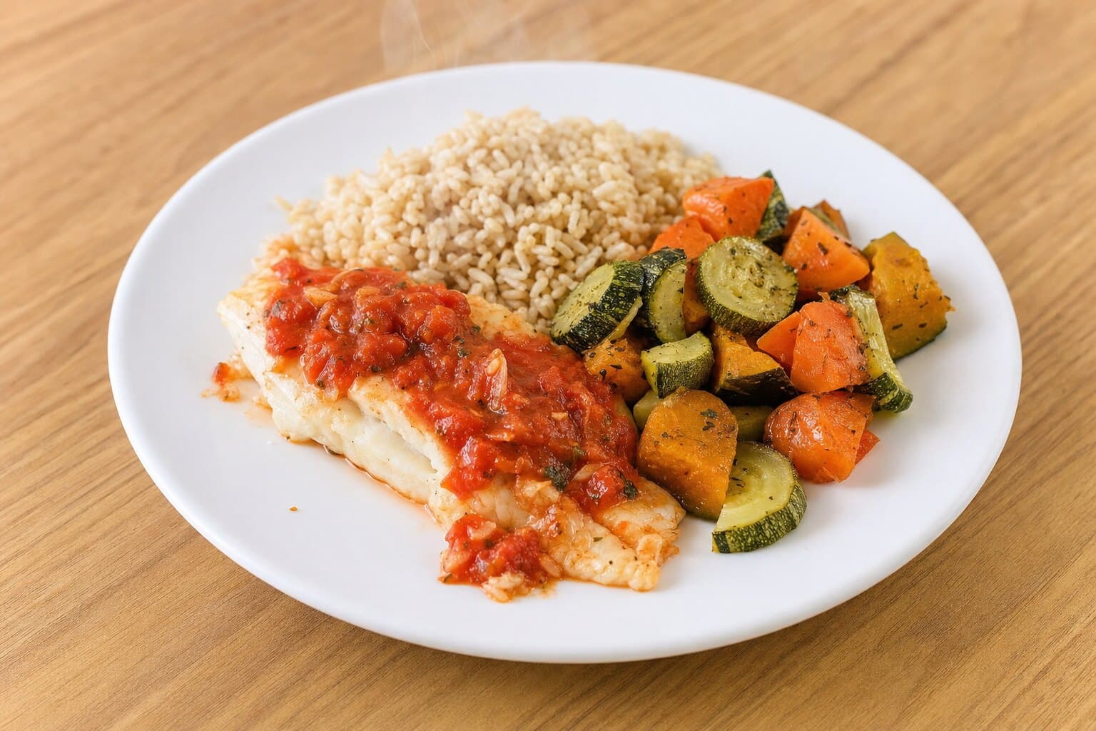Peixe assado com molho natural de tomate, arroz integral e legumes assados