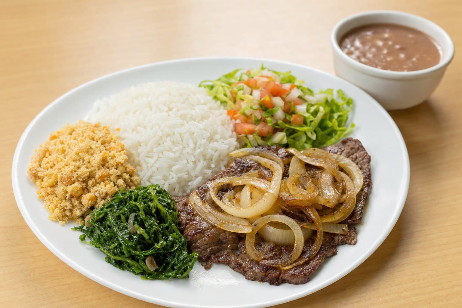 Prato executivo com arroz, bife acebolado, farofa de banana, couve refogada, salada e feijão