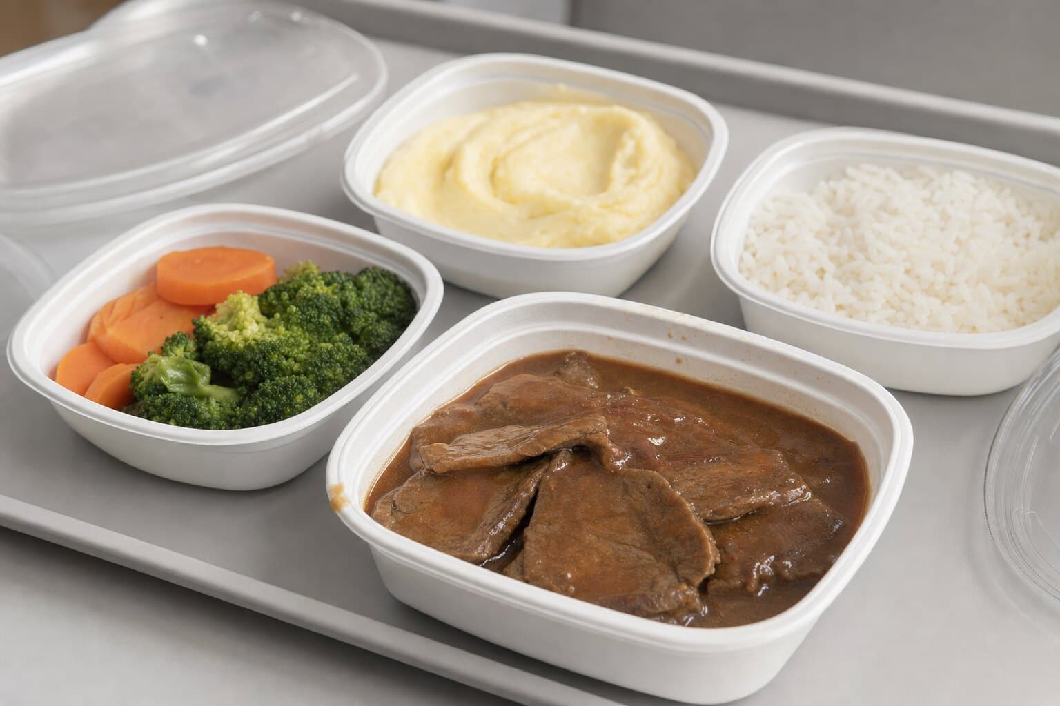Refeição hospitalar em potes individuais: lagarto ao molho madeira, purê de batata, arroz, brócolis e cenoura no vapor