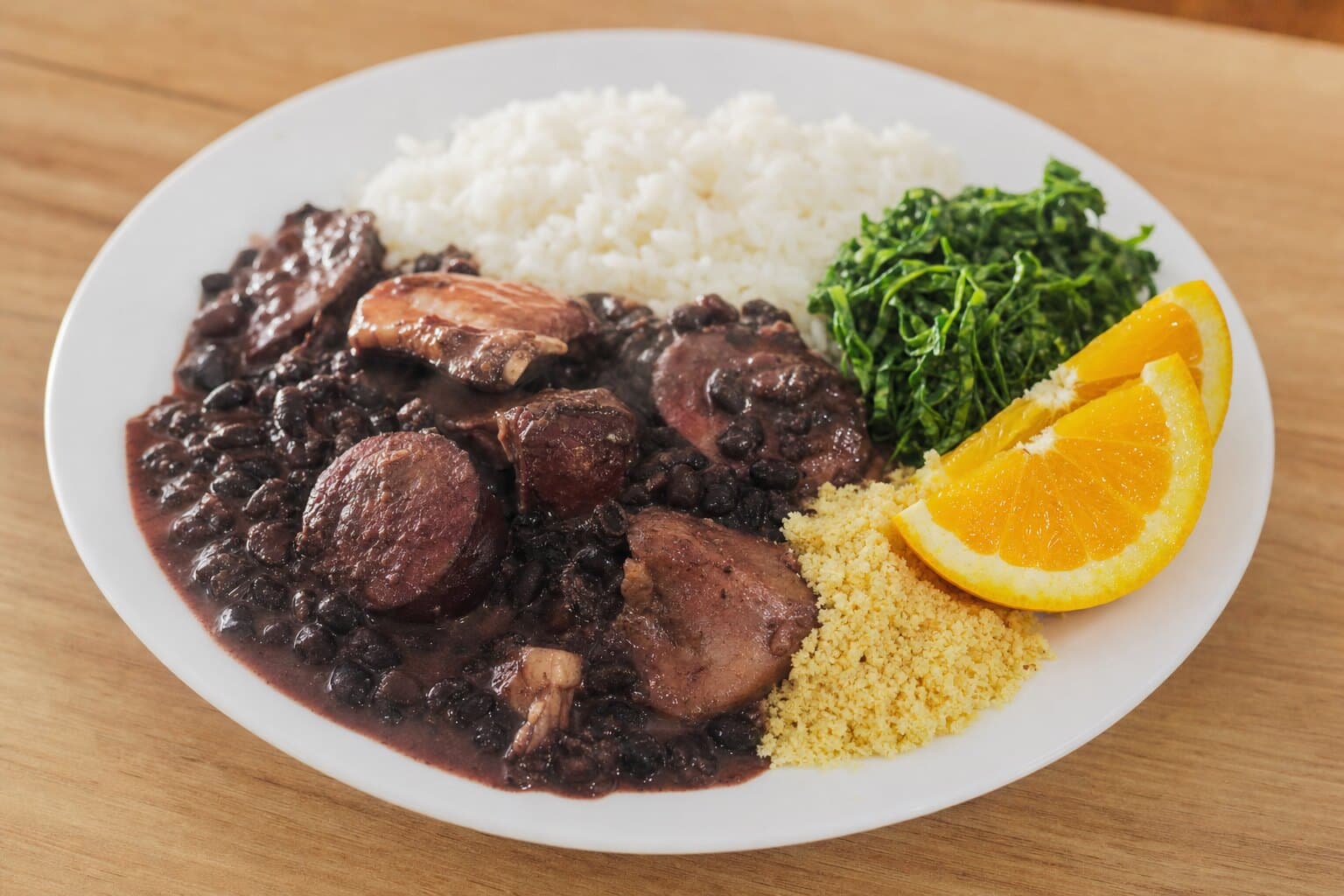 Feijoada completa com arroz, couve, farofa e laranja